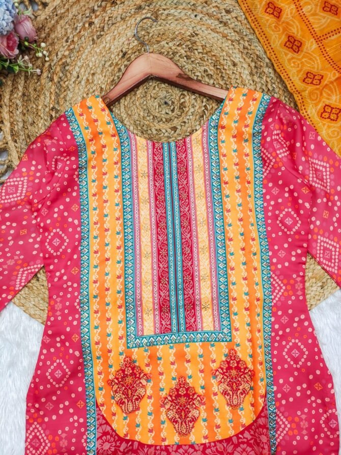 Pink Color Satin Stone Work Bandhjeh Printed Salwar Suit - Image 2