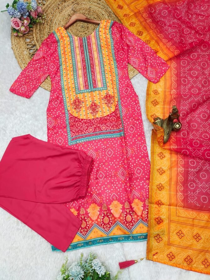 Pink Color Satin Stone Work Bandhjeh Printed Salwar Suit - Image 3