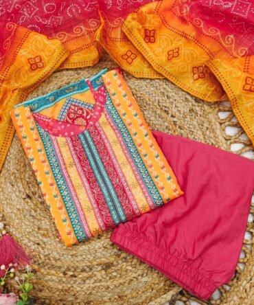 Pink Color Satin Stone Work Bandhjeh Printed Salwar Suit