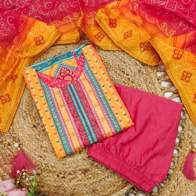 Pink Color Satin Stone Work Bandhjeh Printed Salwar Suit