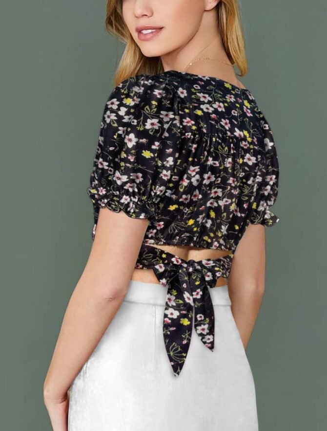 Black Floral Puff Sleeve Crop Top - Image 2