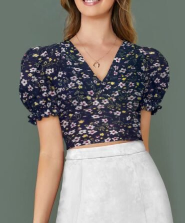 Black Floral Puff Sleeve Crop Top