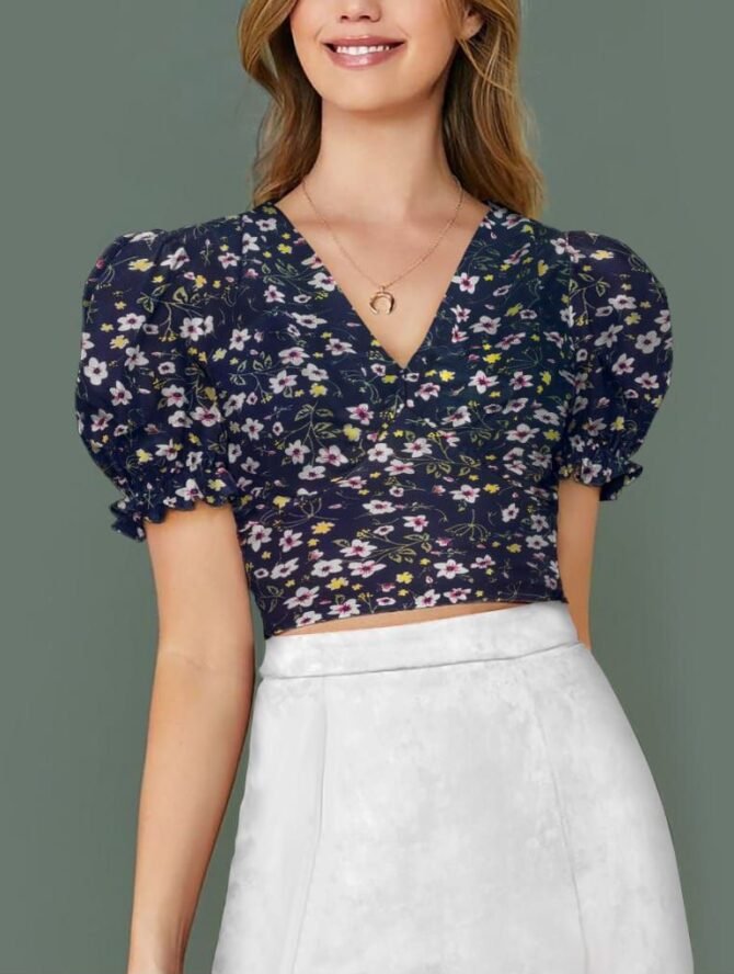 Black Floral Puff Sleeve Crop Top